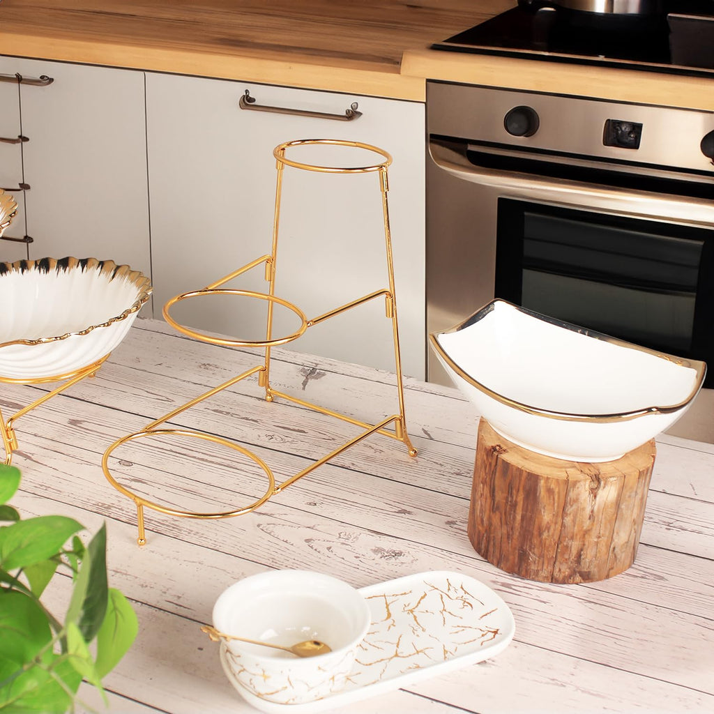 LIUYWYHCF 3-Tier Serving Rack with Ceramic Serving Bowls, Foldable Gold Stand with 3 Pieces 7.1"+8.5"+10.2" Gold Rim Large Bowls, Bowl for Food Display, Fruit, Dessert Server Display and Entertaining
