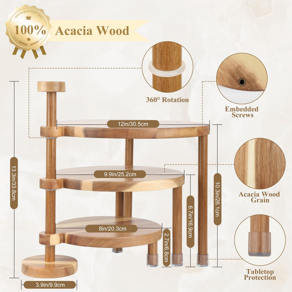 GEHE 3 Tier Round Cupcake Stand, 360° Rotatable Acacia Wood Cake Stand Cupcake Tower, Rustic Wooden Tiered Dessert Table Display Set, Tiered Tray Stands for Birthday, Wedding Party
