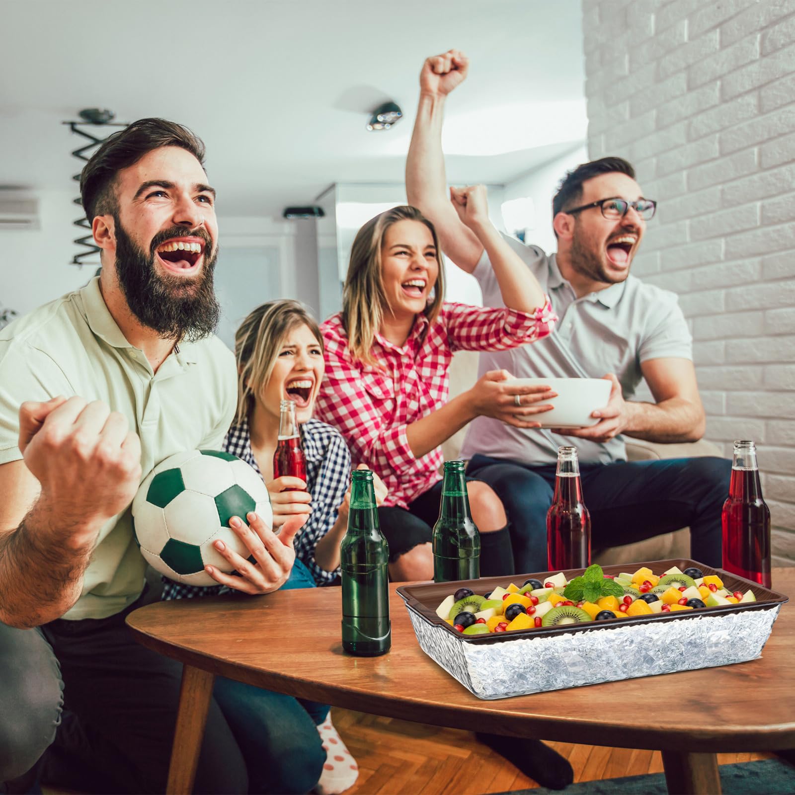 Baderke 2 Set 16" x 9" Plastic Chilled Serving Tray for Parties with Compartments Ice Chilled Party Platter Charcuterie Serving Board Cold Dish Dip for Fruit Seafood Vegetable Appetizer (Wooden Color)