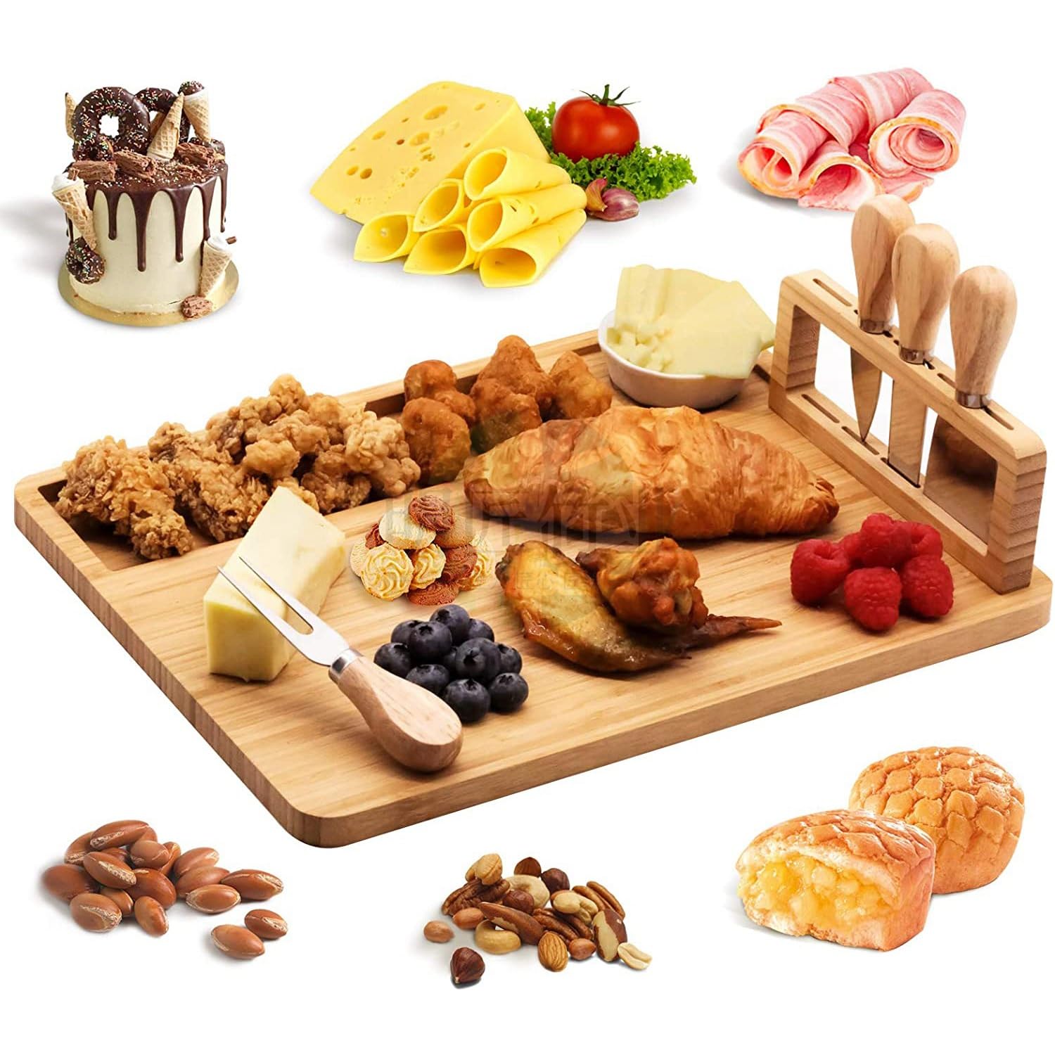 Bamboo Cheese Board and Knife Set, Charcuterie Board Set, Wine Meat Cheese Platter Serving Board with 4 Stainless Steel Knife,Cheese Plate Set,Perfect for Birthday, Housewarming, Christmas,14 x 11’’