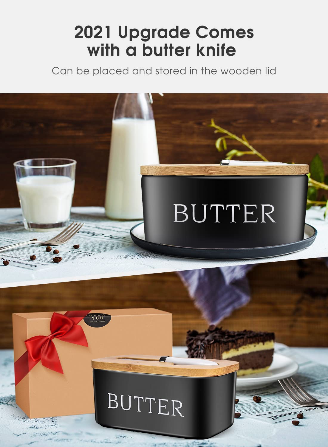 Butter Dish with Lid: Large Butter Dish for Countertop - Ceramic Butter Keeper Container with Knife and High-Quality - Silicone Sealing Butter Box for Home Decor Good Kitchen Gift Black