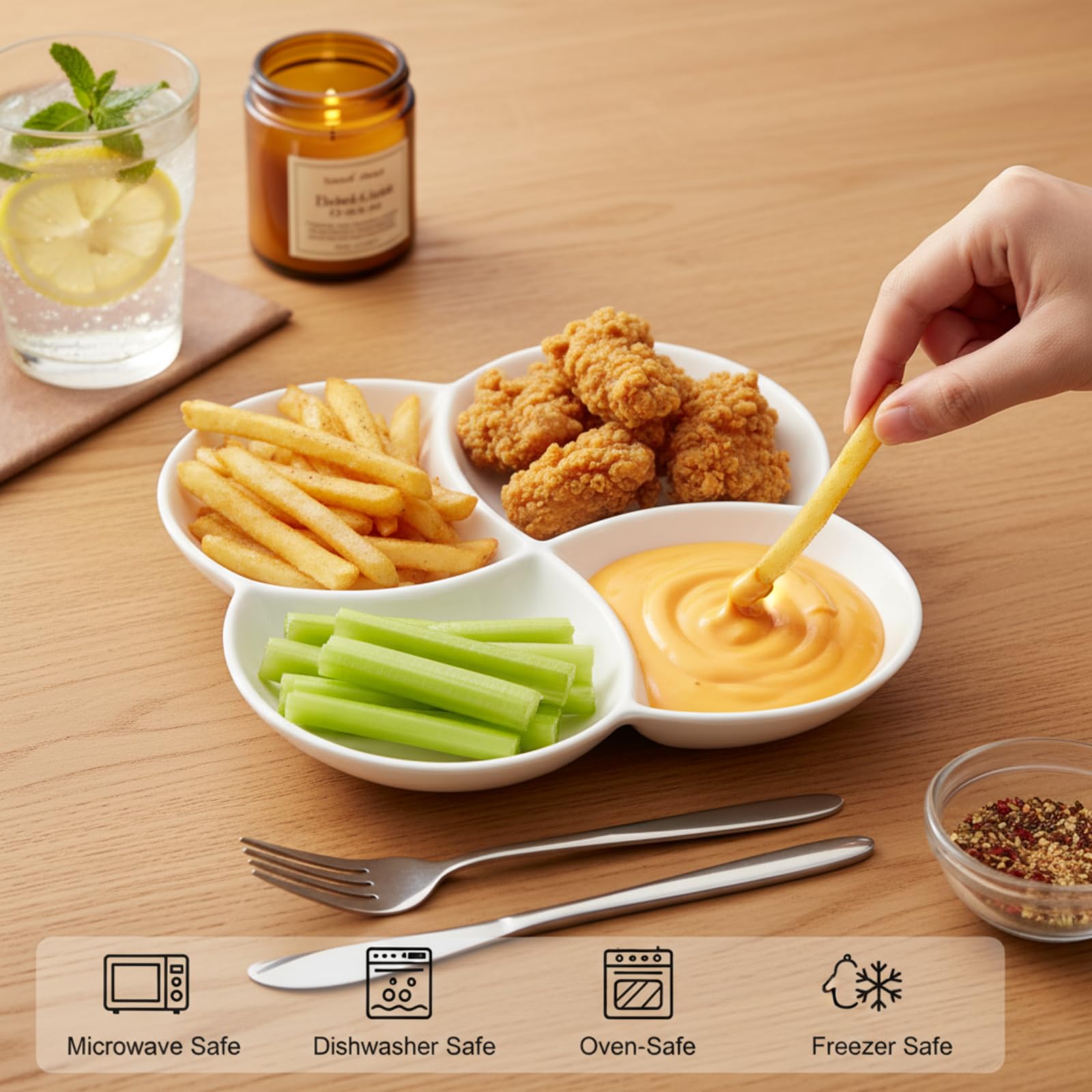 ZENFUN Set of 3 Porcelain Appetizer Platter with 4 Compartment, Flower-shaped Candy and Nut Serving Tray Snack Serving Plate Dishes for Vegetables, Fruit, Dessert, 8.5'' x 8.5'', White