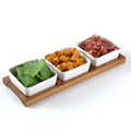 keramwerk 3 Pack Chip & Dip Serving Set with Wooden Tray, Oven Safe Bowls for Parties, Hosting Gifts, Cranberry/Soy Sauce Dish & Entertaining Essentials