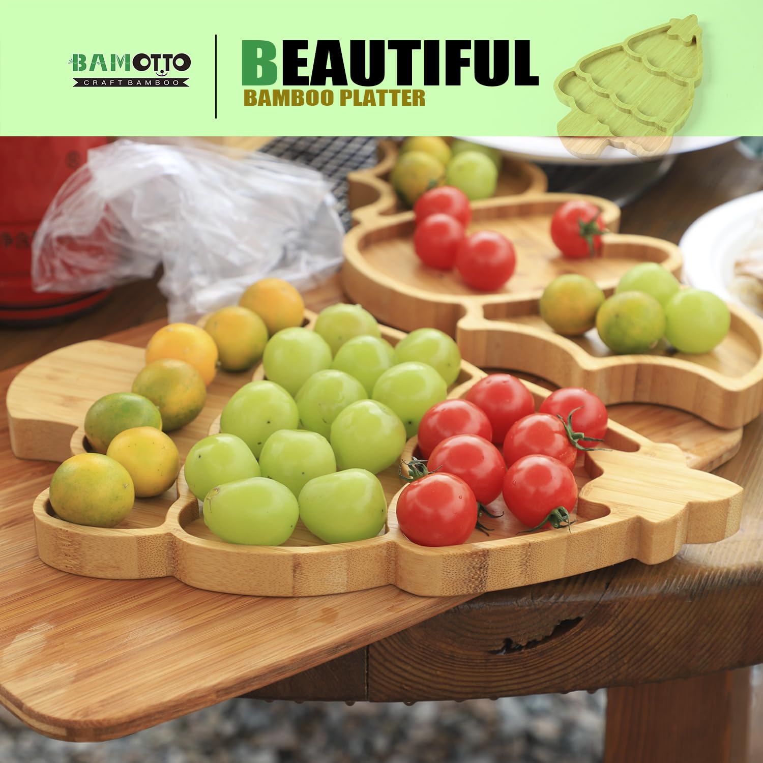 BAMOTTO CRAFTBAMBOO Bamboo Christmas Tree Serving Platter - Cute Cartoon Kids Snack Plate, Cheese Charcuterie Board for Salad/Dining, Holiday Tableware for Christmas Thanksgiving, 13.5"x8.8"