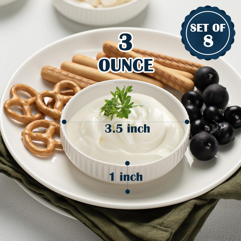 KOBIKOBI 3 Oz 8 Pack Dipping Bowls Set - Ceramic Dipping Sauce, Soy Sauce Dish, Side Dish, Small Serving Bowls for Kitchen, BBQ, Condiments, Appetizer, Dessert, Sushi, Party - White Japanese design