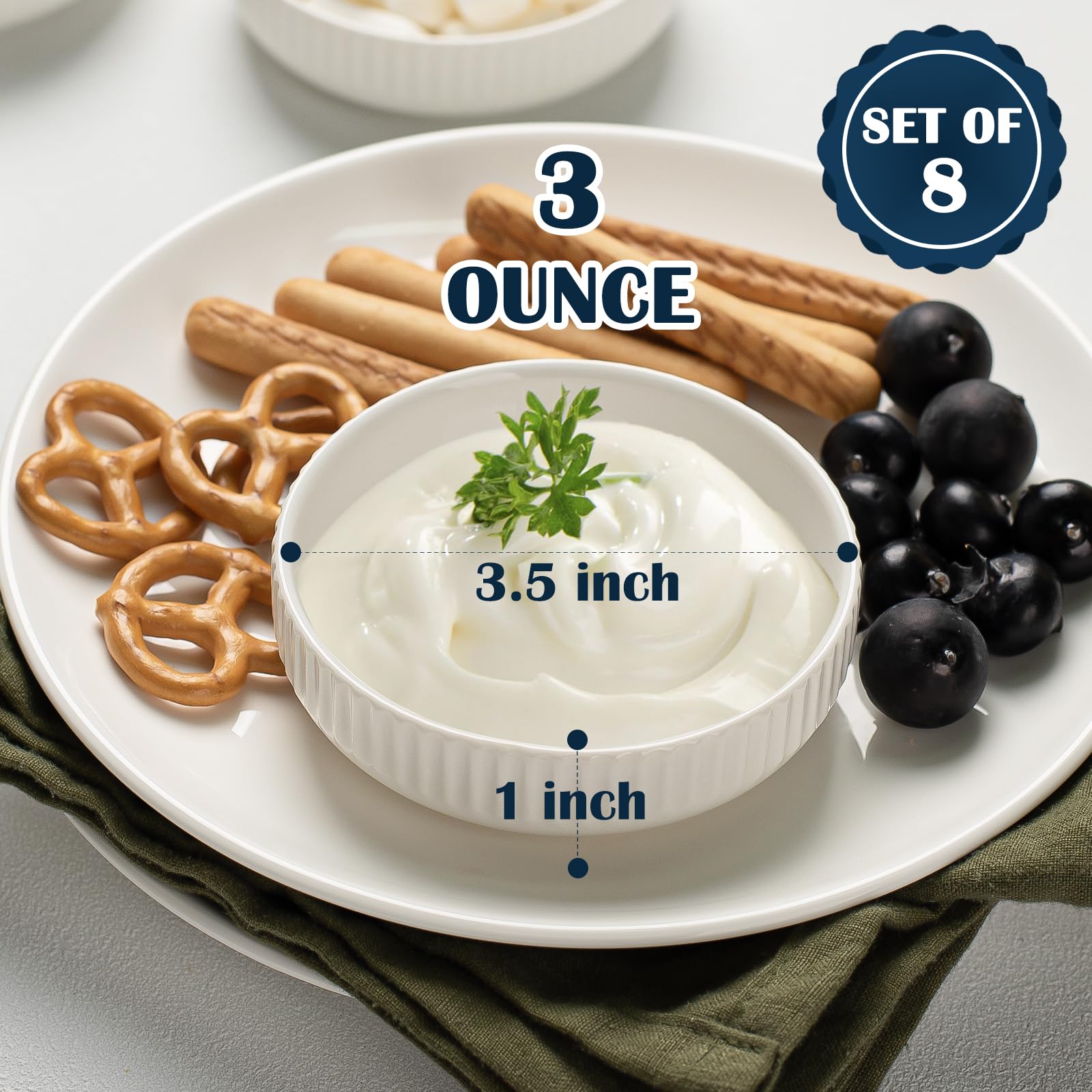 KOBIKOBI 3 Oz 8 Pack Dipping Bowls Set - Ceramic Dipping Sauce, Soy Sauce Dish, Side Dish, Small Serving Bowls for Kitchen, BBQ, Condiments, Appetizer, Dessert, Sushi, Party - White Japanese design