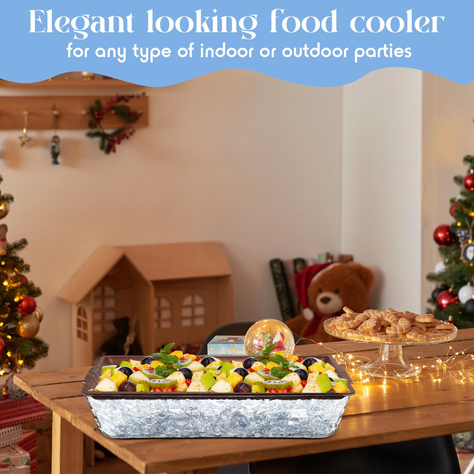 Baderke 2 Set 16" x 9" Plastic Chilled Serving Tray for Parties with Compartments Ice Chilled Party Platter Charcuterie Serving Board Cold Dish Dip for Fruit Seafood Vegetable Appetizer (Wooden Color)