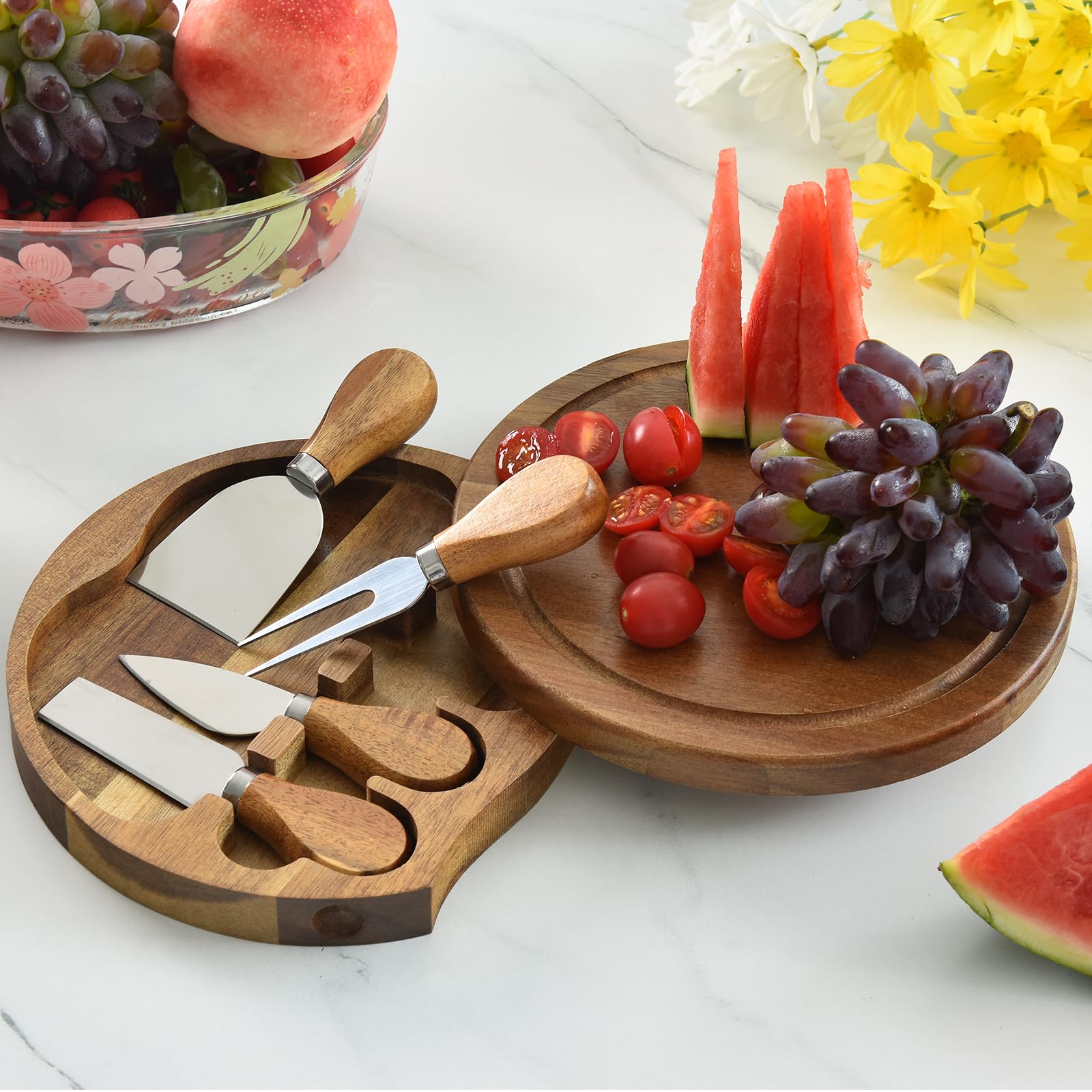 Acacia Wood Cheese Board Set, Mini Charcuterie Boards with 4 Knives, Travel Charcuterie Boards Gift Set, Gifts for House Warming New Home, Birthday, Wedding, Bridal Shower