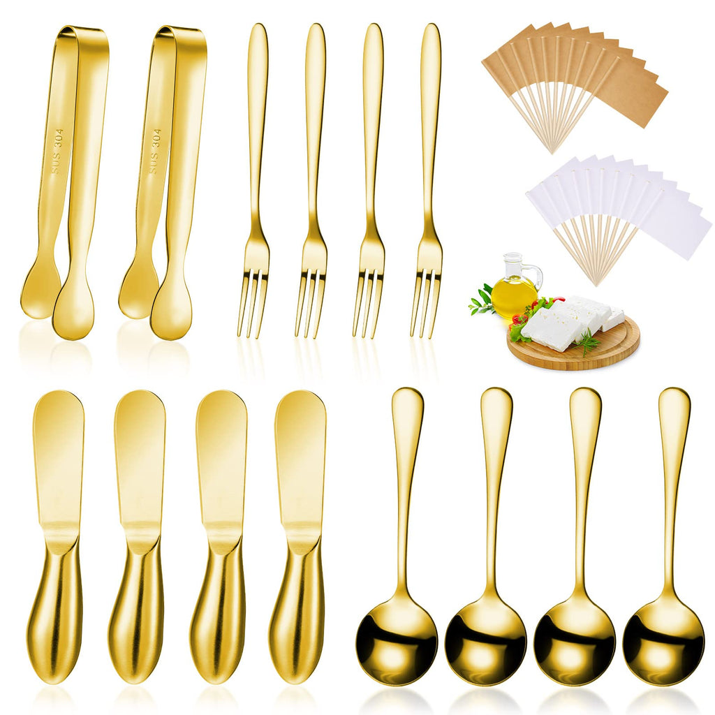 Patelai 14 Pieces Charcuterie Board Accessories Cheese Spreader Knives Set Stainless Steel Charcuterie Utensils Spreader Knives Mini Serving Tongs Spoons and Forks for Cheese and Pastry Making (Gold)