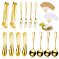 Patelai 14 Pieces Charcuterie Board Accessories Cheese Spreader Knives Set Stainless Steel Charcuterie Utensils Spreader Knives Mini Serving Tongs Spoons and Forks for Cheese and Pastry Making (Gold)
