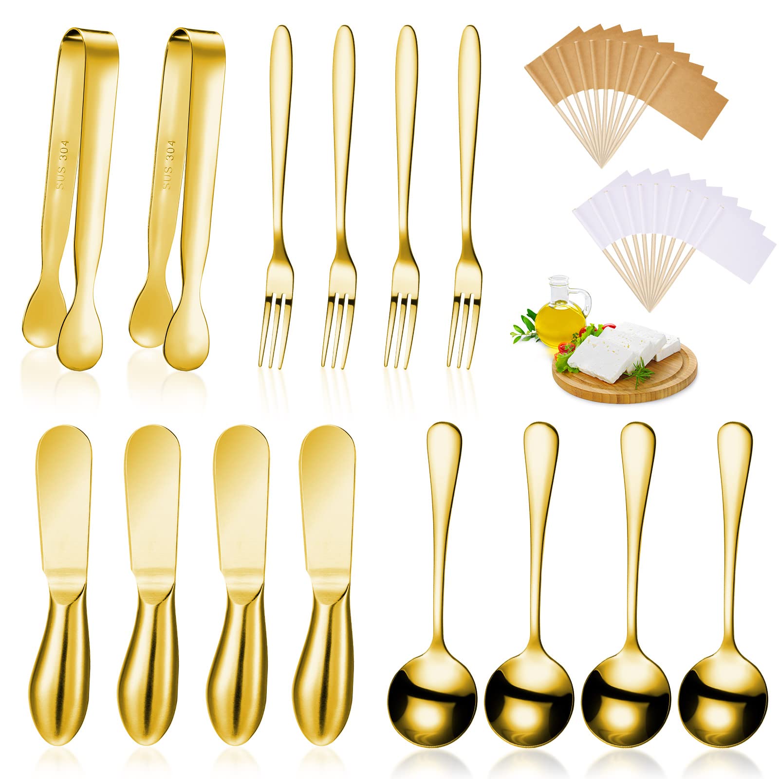Patelai 14 Pieces Charcuterie Board Accessories Cheese Spreader Knives Set Stainless Steel Charcuterie Utensils Spreader Knives Mini Serving Tongs Spoons and Forks for Cheese and Pastry Making (Gold)