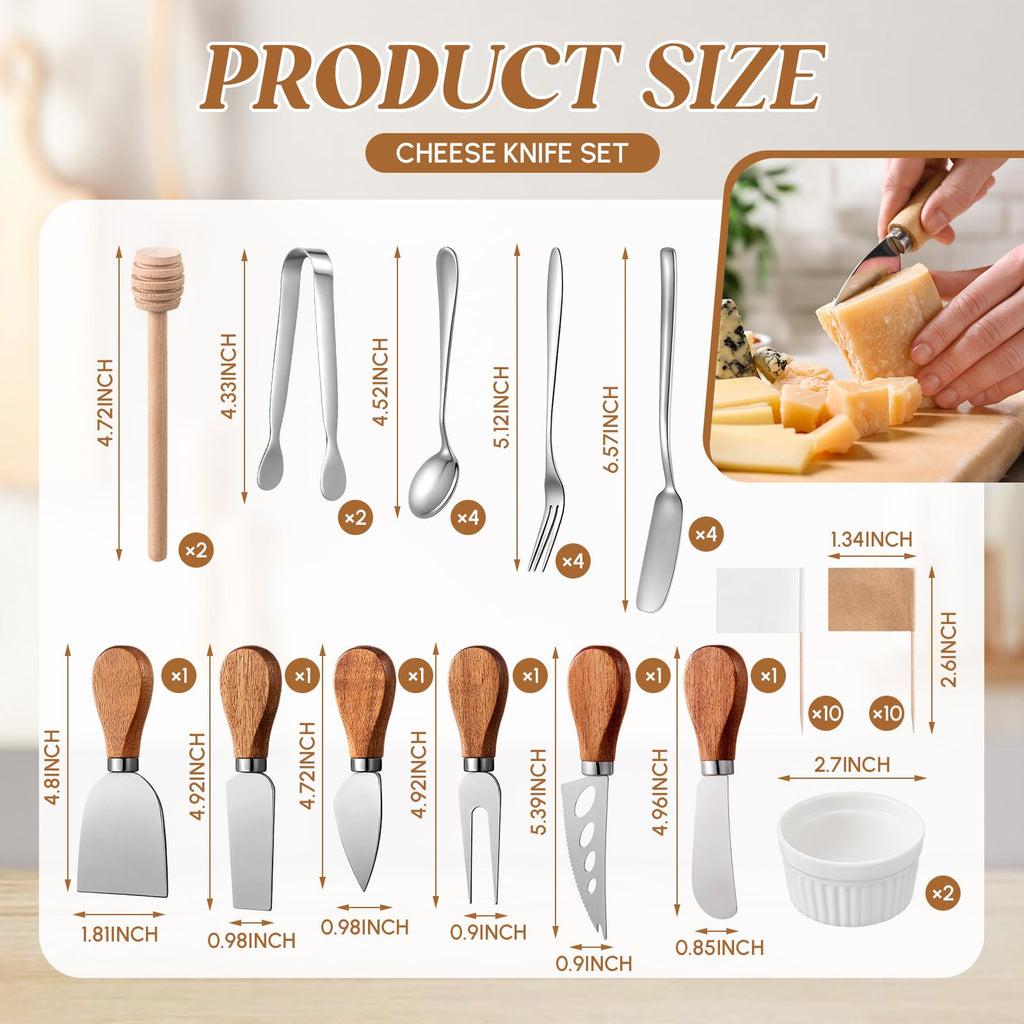 Hushee 44 Pcs Charcuterie Boards Accessories with Magnetic Acacia Wood Holder Wooden Cheese Knife Set for Wood Handle Knives for Cheese Knife Slicer with Tongs, Spoons, Forks, Honey Dipper (Style 2)
