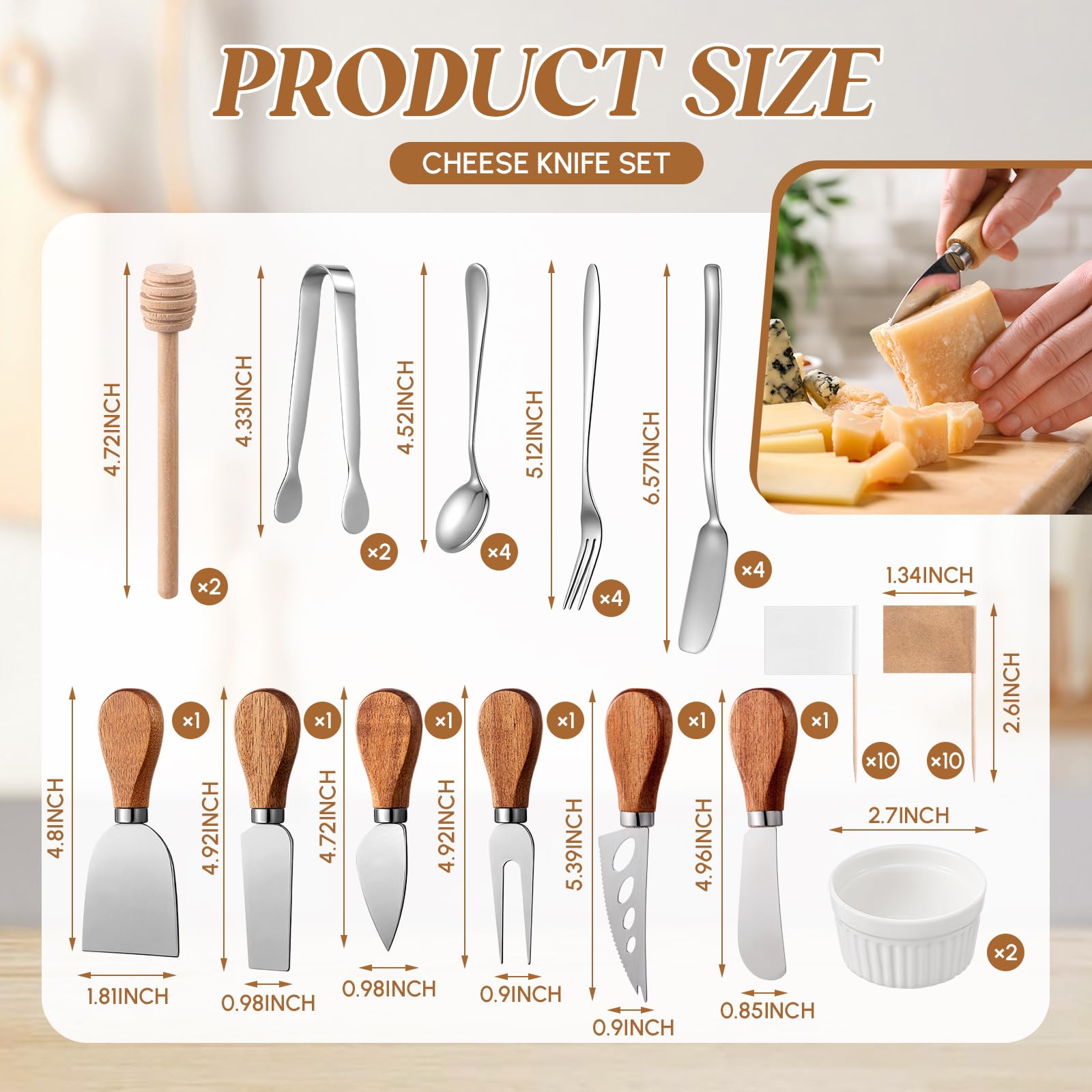 Hushee 44 Pcs Charcuterie Boards Accessories with Magnetic Acacia Wood Holder Wooden Cheese Knife Set for Wood Handle Knives for Cheese Knife Slicer with Tongs, Spoons, Forks, Honey Dipper (Style 2)
