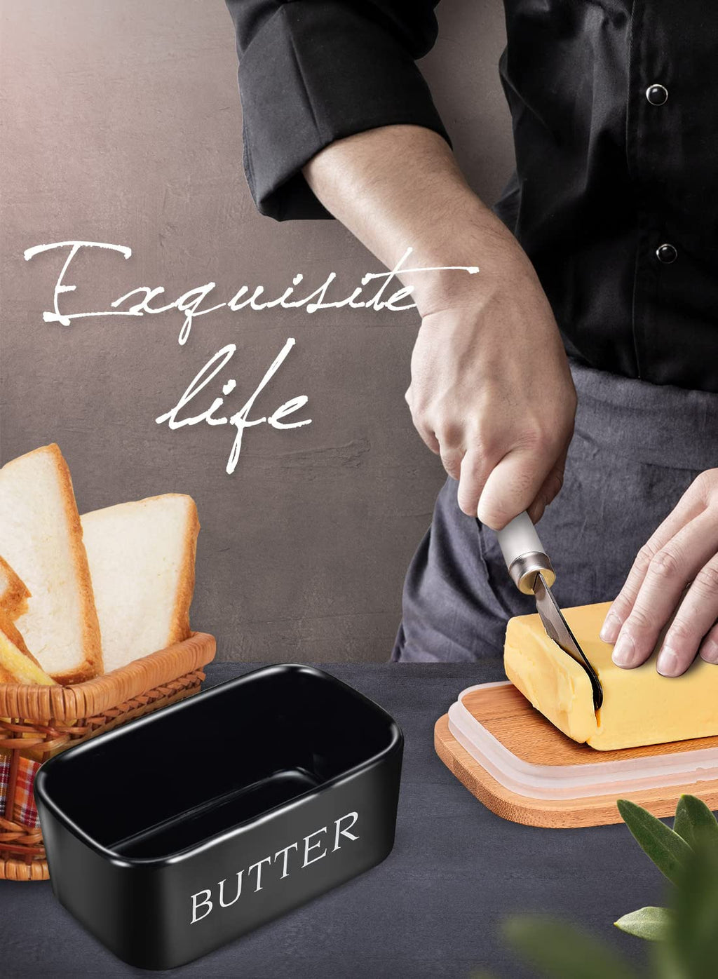 Butter Dish with Lid: Large Butter Dish for Countertop - Ceramic Butter Keeper Container with Knife and High-Quality - Silicone Sealing Butter Box for Home Decor Good Kitchen Gift Black