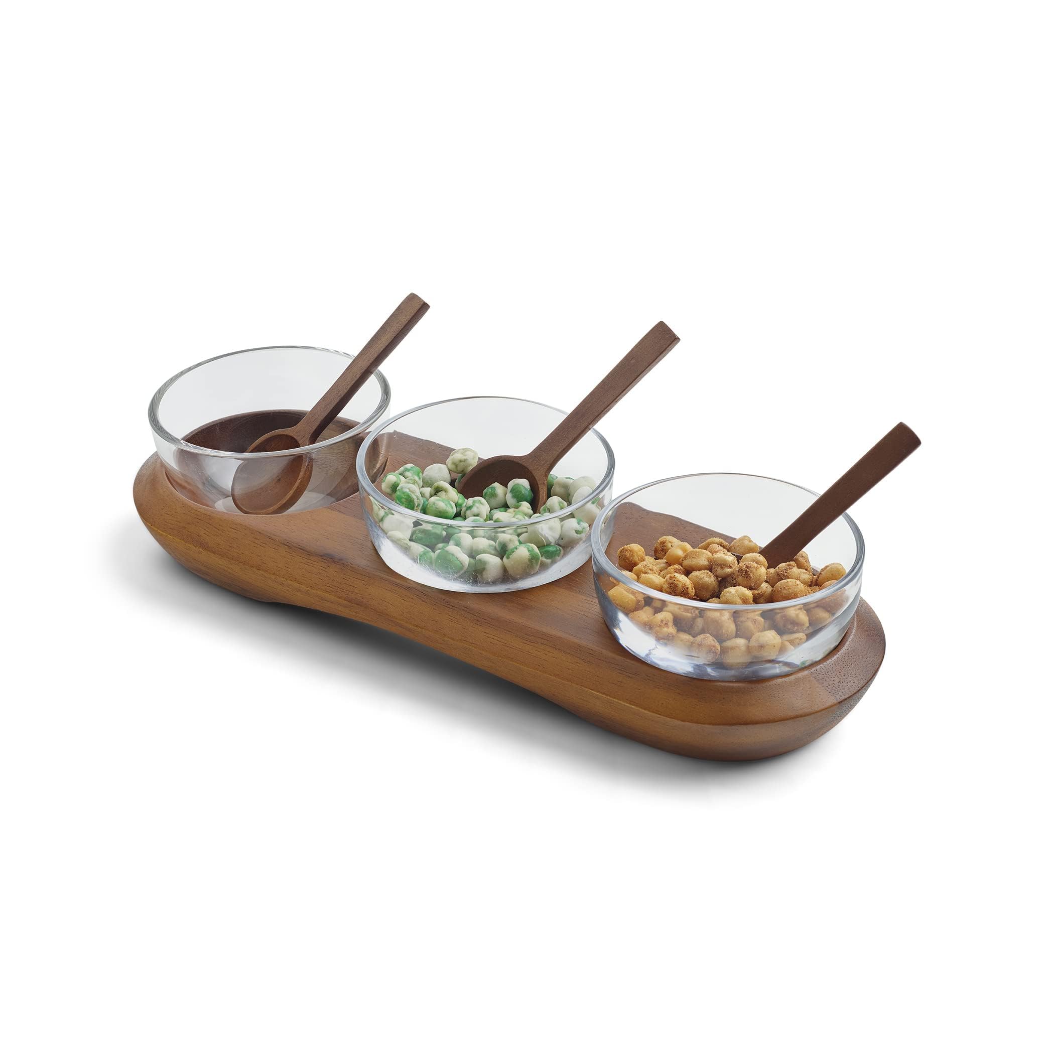 Nambé Cooper Collection 3-Bowl Condiment Server – Elegant Glass Bowls with Acacia Wood Cradle & Stainless Steel Accents – Modern Serveware for Sauces, Dips, Snacks & Appetizers, Stylish Tabletop