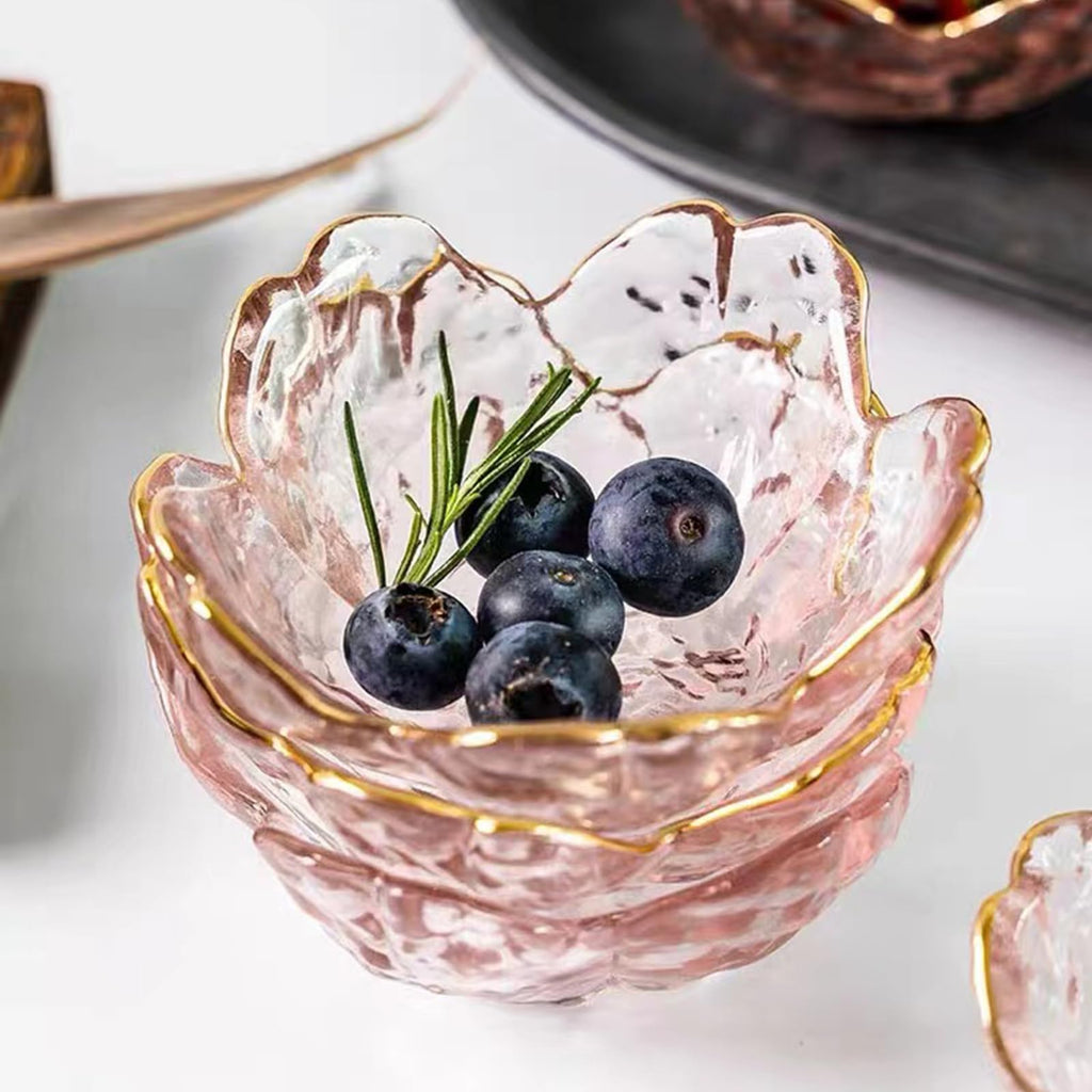 husippend Seasoning bowls with gold rim,6 pcs Pink Cherry Flower Crystal Glass Appetizer Plates dipping bowls ice cream Sushi,pink glass plates mini for charcuterie board (Phnom Penh)