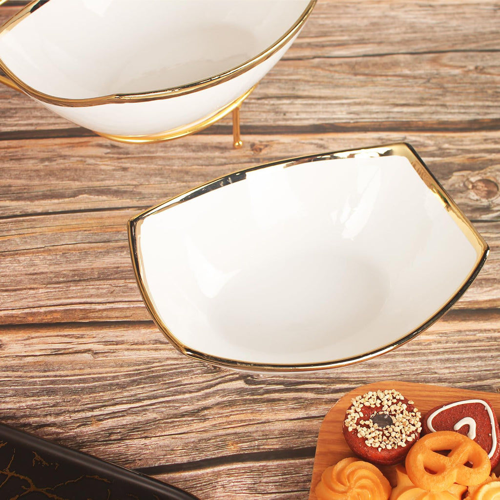 LIUYWYHCF 3-Tier Serving Rack with Ceramic Serving Bowls, Foldable Gold Stand with 3 Pieces 7.1"+8.5"+10.2" Gold Rim Large Bowls, Bowl for Food Display, Fruit, Dessert Server Display and Entertaining
