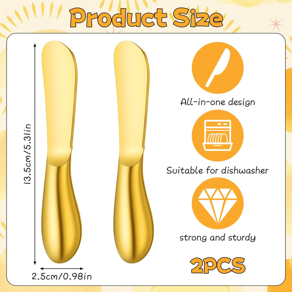 Zelphvt Butter Spreader Knives 2 Packs Gold Butter Knives Stainless Steel Cheese and Butters Knive Set Blunt Edge Spreader for Cheese Cream Jam Spreading
