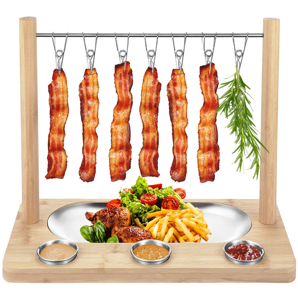 Triceratops Bacon Display Rack, Wood Bacon Serving Dishes, Bacon Hanger Charcuterie Cheese Board with Stainless Steel Serving Platter Tray
