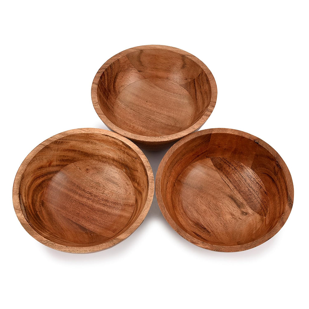 Kimona Bowl Sets of 6 Acacia wood Hand carved wooden Kitchen Mini Cups for dipping sauce, salsa, Prep, salt & Condiments (6"" x 6"" X 2.75""), (Set of 3), Brown