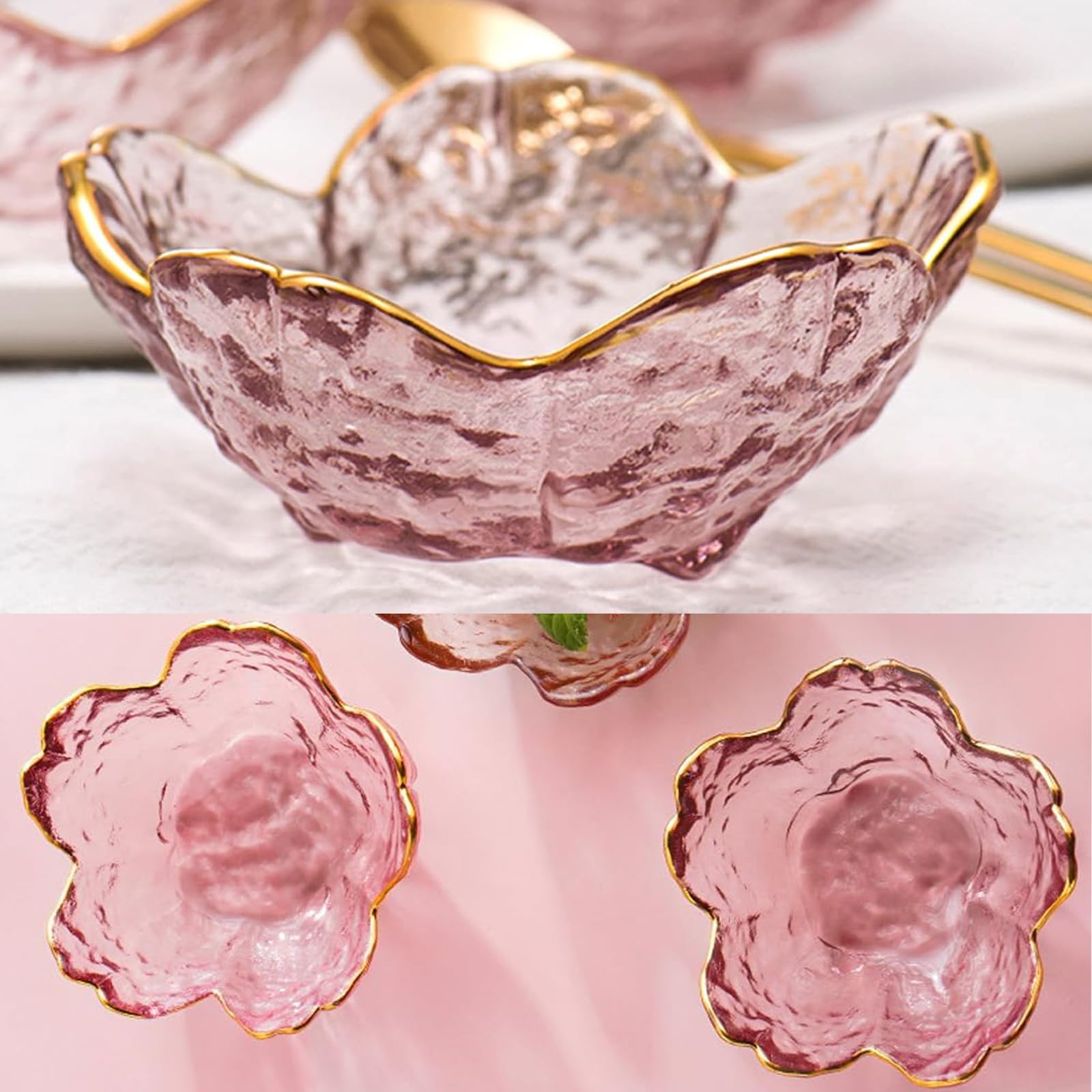 husippend Seasoning bowls with gold rim,6 pcs Pink Cherry Flower Crystal Glass Appetizer Plates dipping bowls ice cream Sushi,pink glass plates mini for charcuterie board (Phnom Penh)