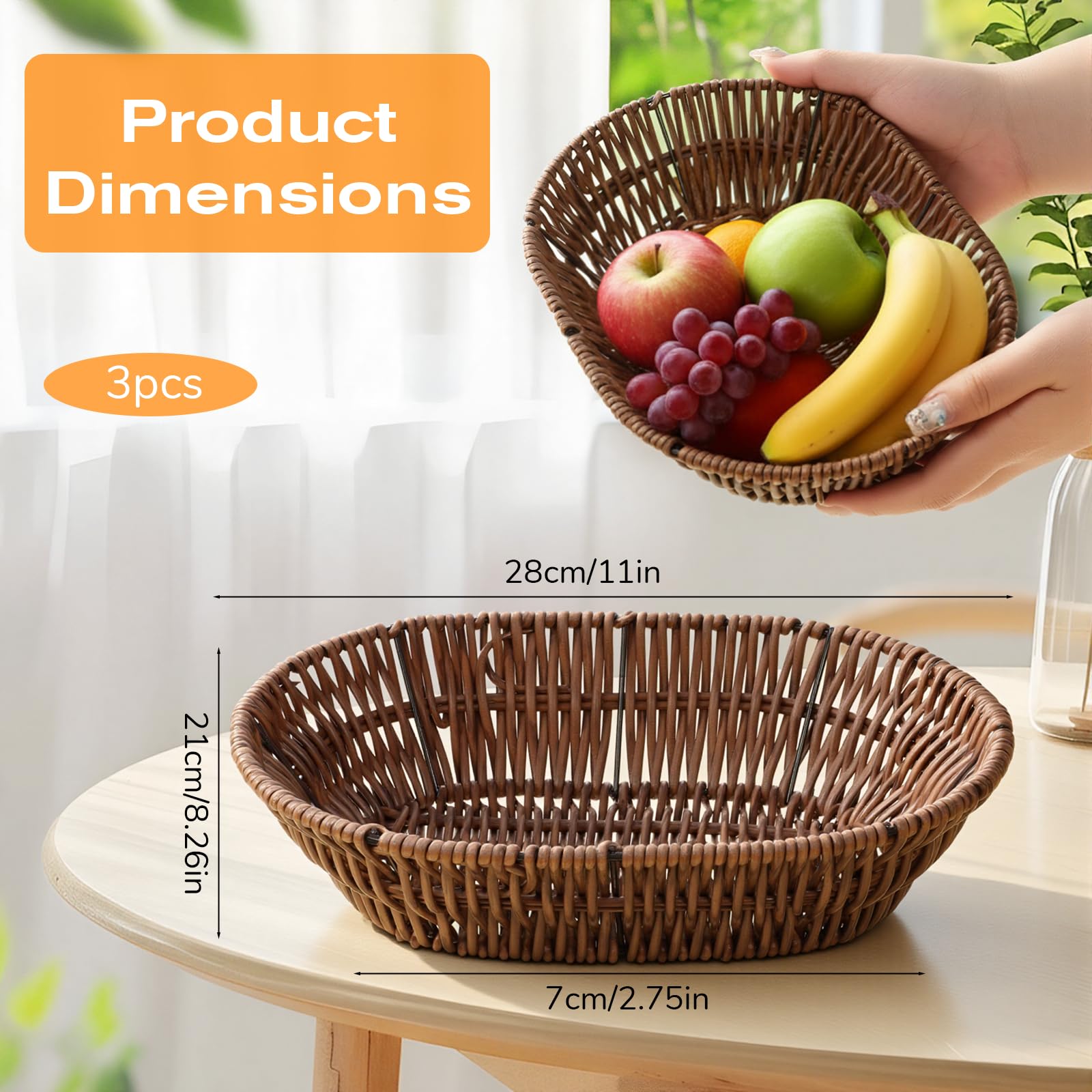 3 Pack Wicker Baskets, 11 Inch Woven Bread Baskets Sets, Handwoven Food Serving Basket, Wicker Bread Basket, Woven Tabletop Fruit & Vegetable Storage Bins for Home, Restaurant, Bakery