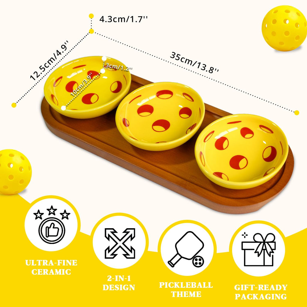DWATAN Pickleball Snack Serving Tray, Pickleball Lover Gifts for Women Men, Ceramic Dipping Bowls with Wood Charcuterie Board, Birthday Party Decoration Accessories for Taco Sauce, Dessert, Salsa