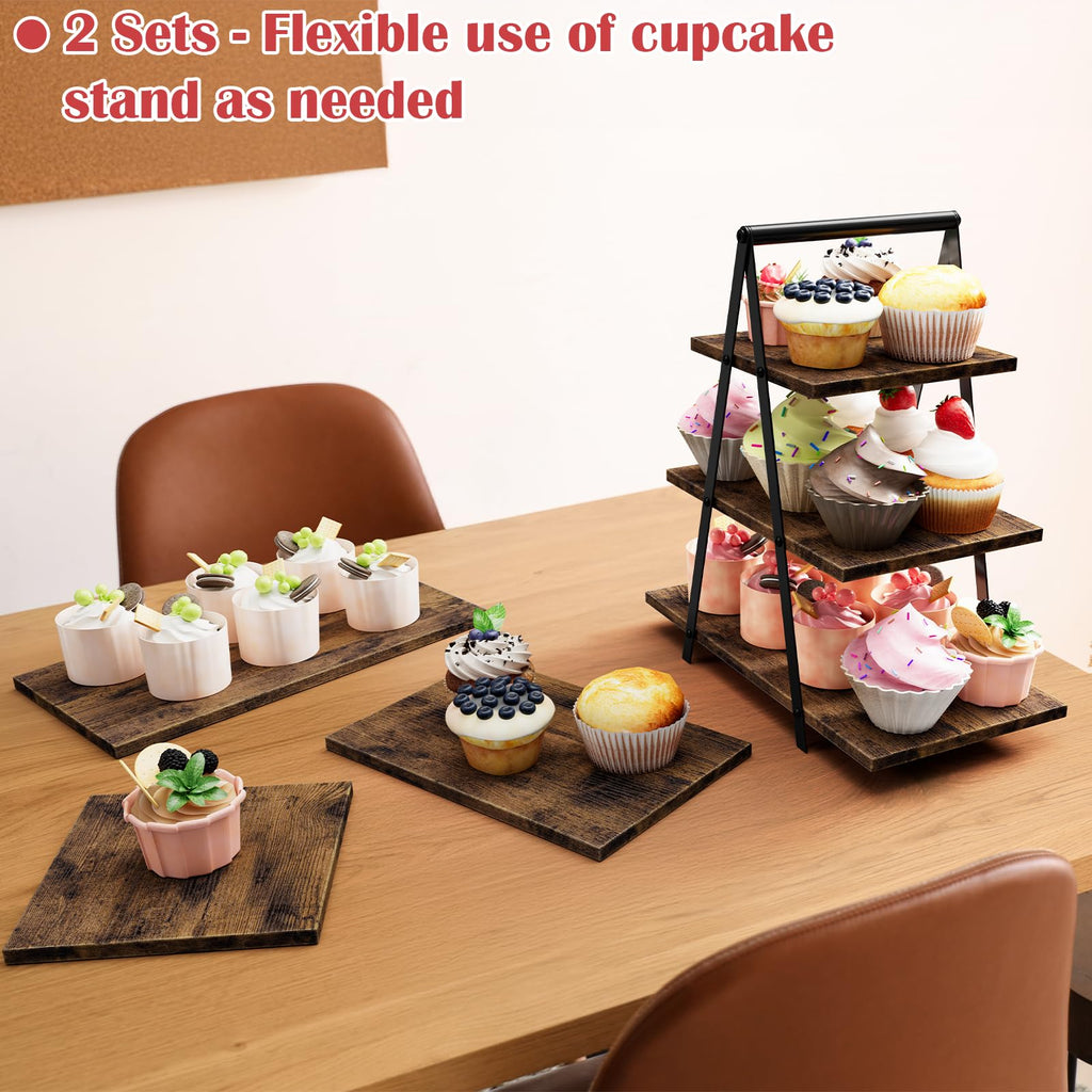 2 Pack Wooden Cupcake Stand 3 Tier Dessert Display Holder Rustic Cupcake Tower Stands for 50 Cupcakes, Rectangle Tiered Cake Serving Tray for Birthday Party, Wedding, Anniversary