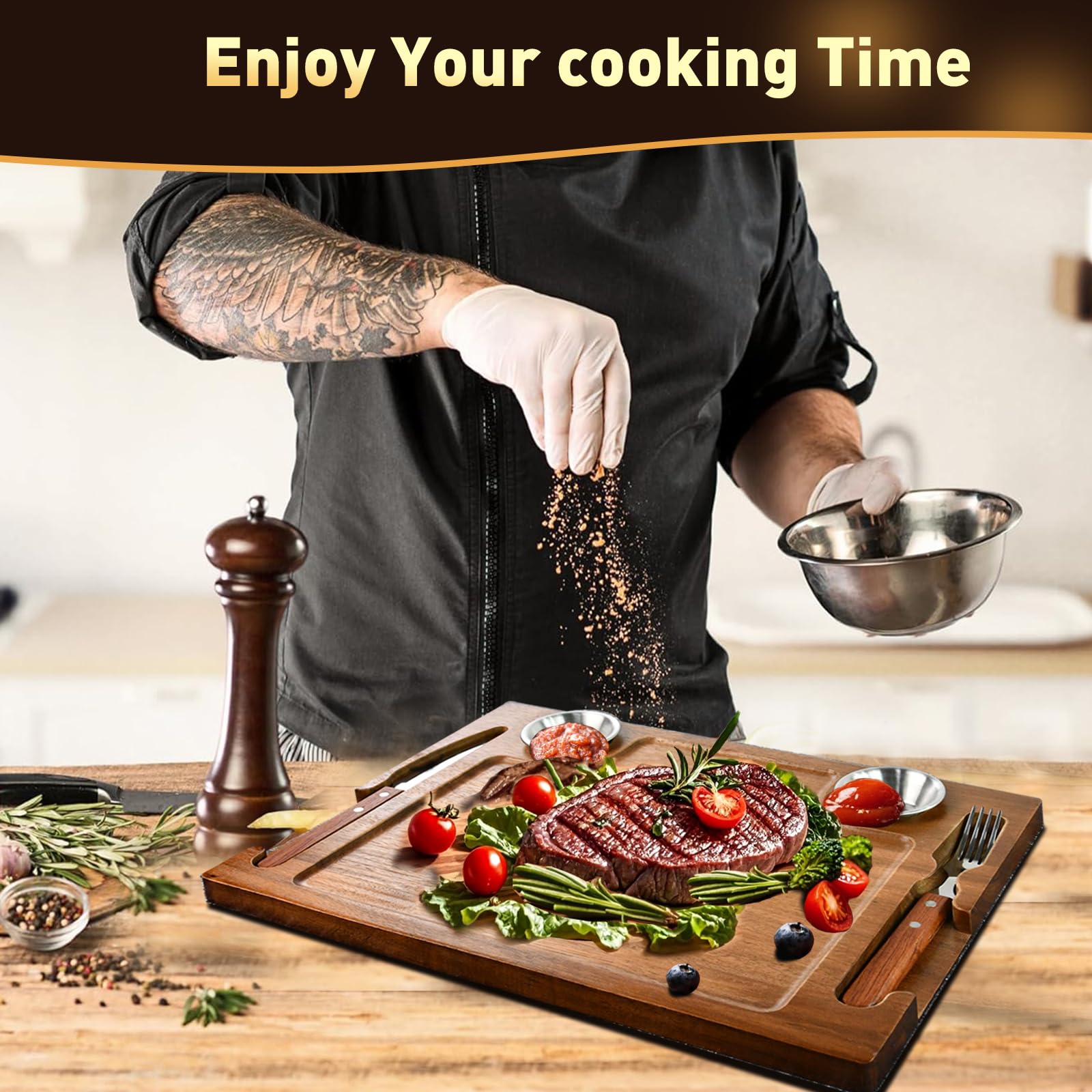 2 Set Acacia Wood Steak Plates Board Set for Eating, Meat Cutting Boards for Steak Food Serving Tray with Fork, Knife & Ramekins,Charcuterie Platter for Family Dinners, BBQ,Parties & Entertaining