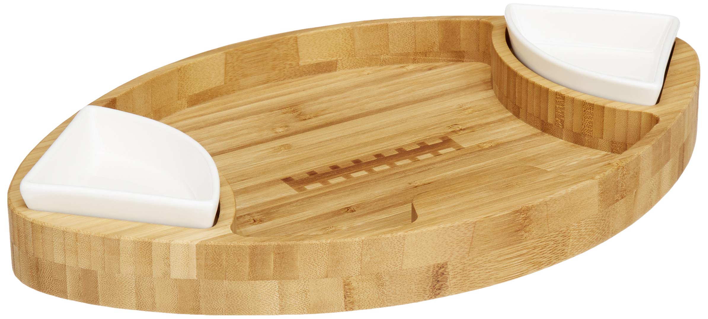 Prairie Collections Football Shaped Bamboo Serving Tray (10" x 16" x 2.5”) Includes 2 Dip Trays - Large Chip Serving Dish for Parties