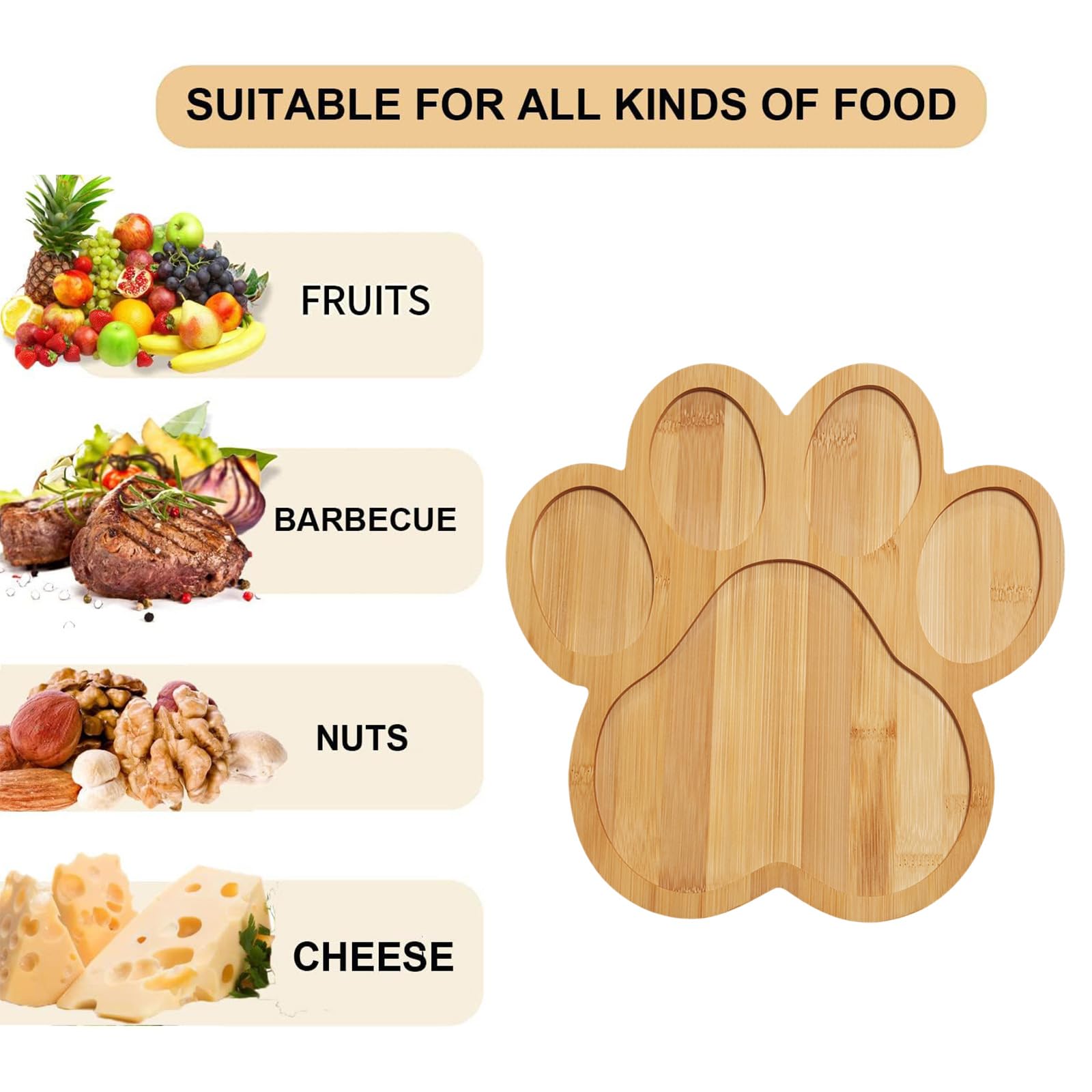 AQUGOO 1 Pcs Reusable Bamboo Plate, 10-inch Novelty Paw Shaped Tray, Multipurpose Charcuterie Boards with Grooves, Pet Themed Gift Platter, Party Snack Platters