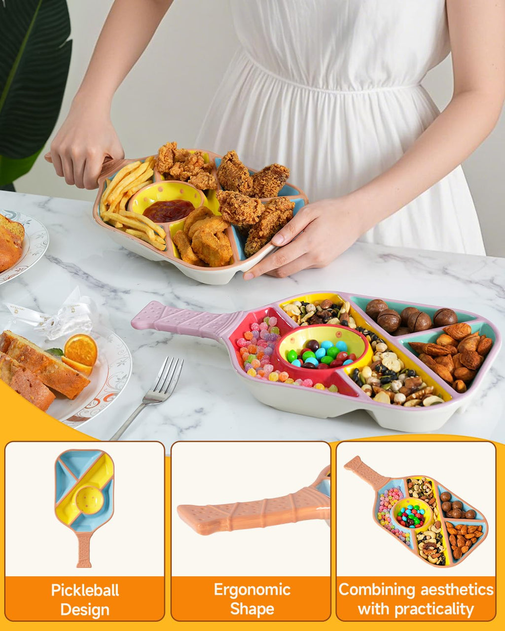 Payarma Pickleball Snack Serving Tray - Ceramic Bat Shaped Snack Platter with 5 Compartments & Dip Bowl - Fun Gift for Man & Women, Parties, Father's Day & Pickleball Accessories(Pink)