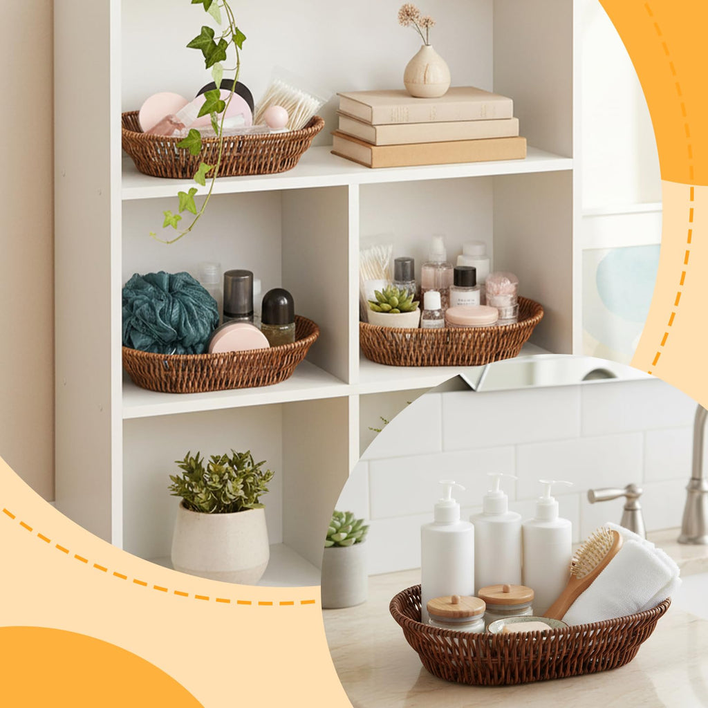 3 Pack Wicker Baskets, 11 Inch Woven Bread Baskets Sets, Handwoven Food Serving Basket, Wicker Bread Basket, Woven Tabletop Fruit & Vegetable Storage Bins for Home, Restaurant, Bakery