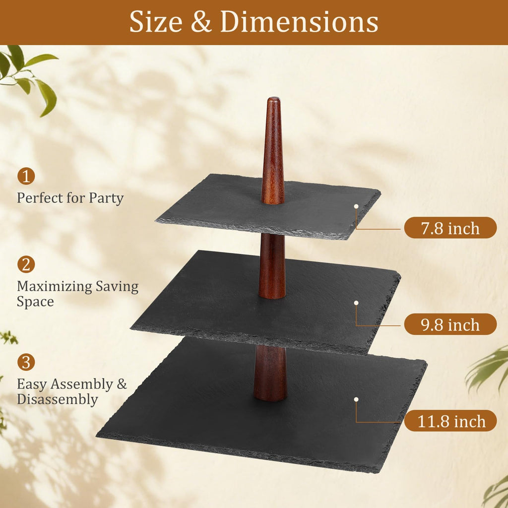 3 Tier Serving Tray Stand, Square Slate & Acacia Wood Tiered Display for Desserts, Appetizers, Cupcakes - Rustic Modern for Weddings, Parties, Christmas