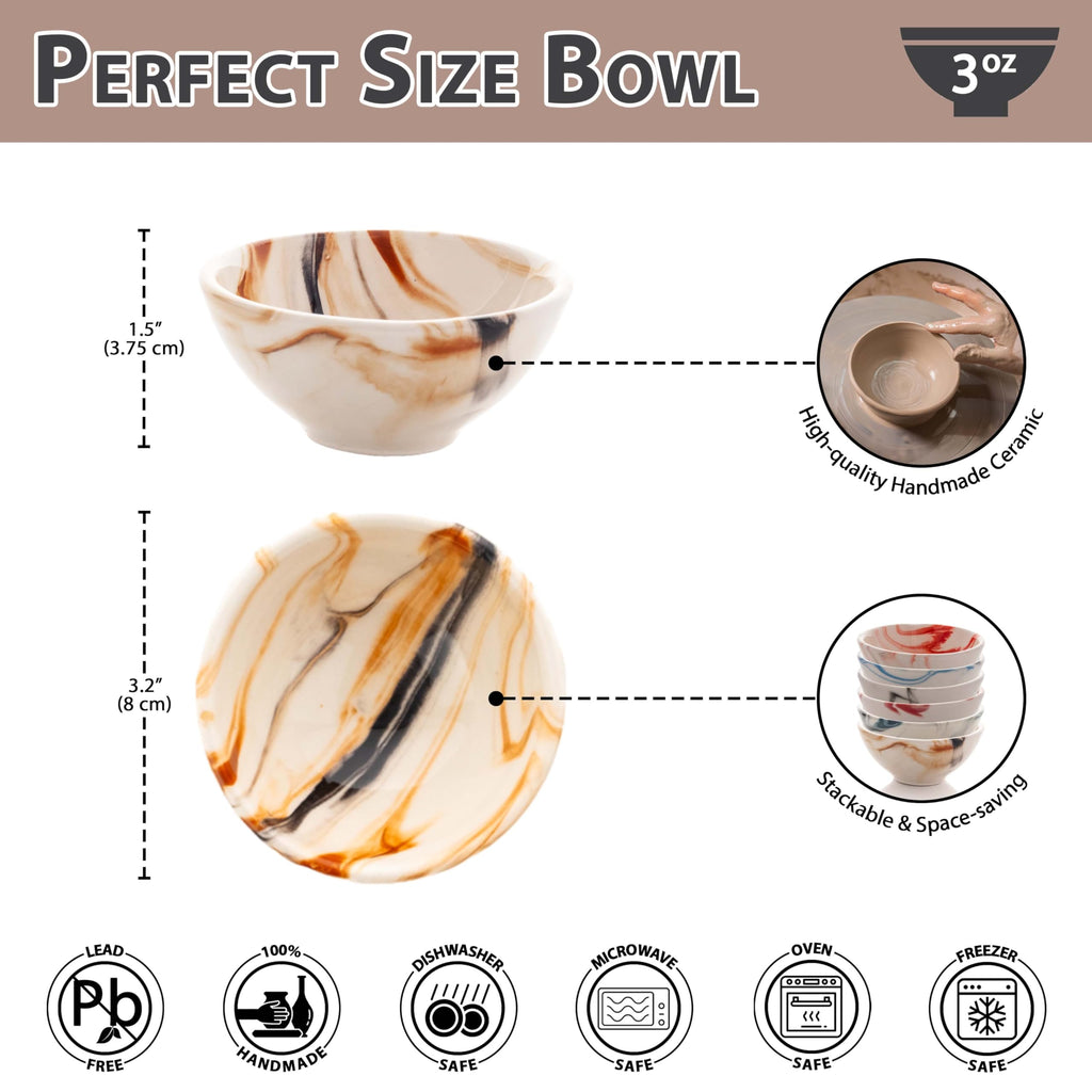 Small Ceramic Bowls Set of 6 | 3 oz Pinch Bowls for Dipping, Cooking Prep, and Charcuterie | Ideal for Snacks, Desserts, Side Dishes, Tapas, Nuts, and Ice Cream | Handmade Serving Dishes (Marble)