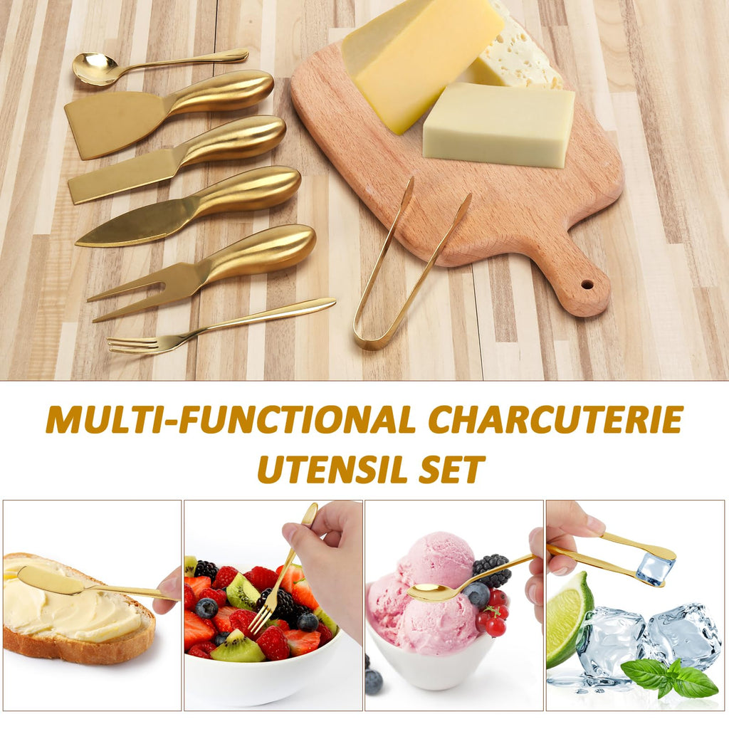 YECERCAN 18 pieces Charcuterie Board Accessories, Gold Stainless Steel Cheese Knives, Butter Knife Spreader, Appetizer Forks, Mini Serving Tongs Spoons for Gathering Wedding Birthday...