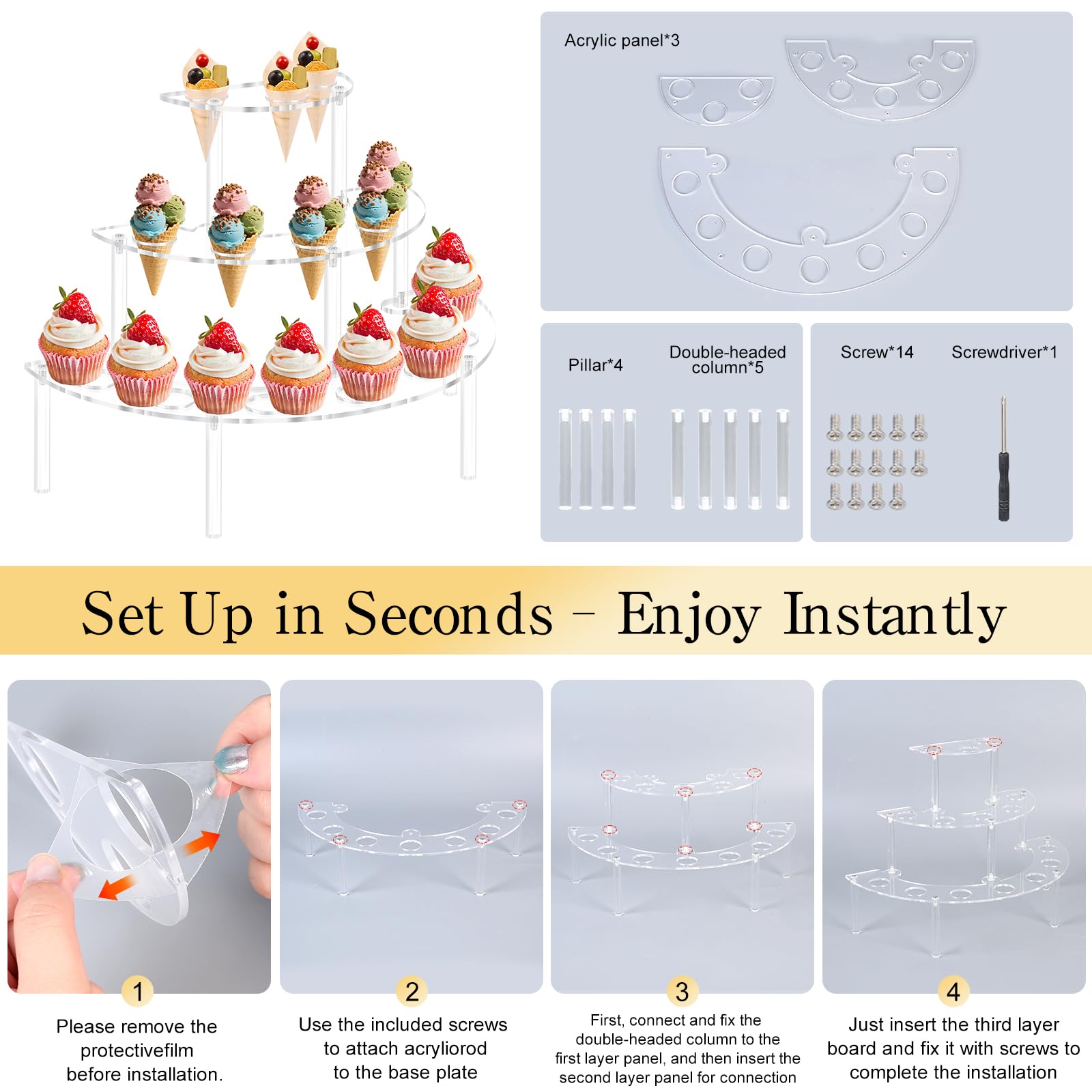 15 Holes Acrylic Ice Cream Cone Holder, 3 Tier Clear Food Display Stand Rack, Half Moon Cone Display Stand for Birthday Parties, Weddings, Christmas