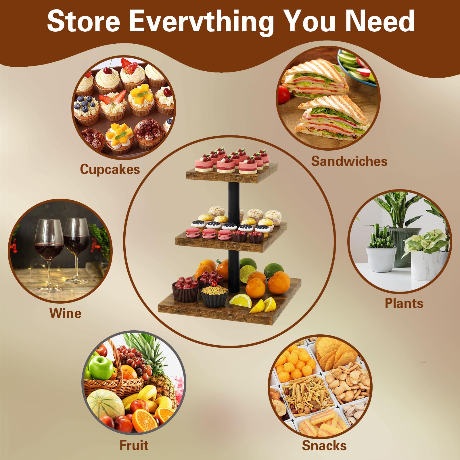 IBUYKE 3 Tier Cupcake Stand,Set of 2,Cupcake Tower,Square Serving Dessert Display Stand,Cupcake Tray Stand,Dessert Tree Tower for Christmas Birthday,Home Party, Wedding,Rustic Brown UTLJ014H-2