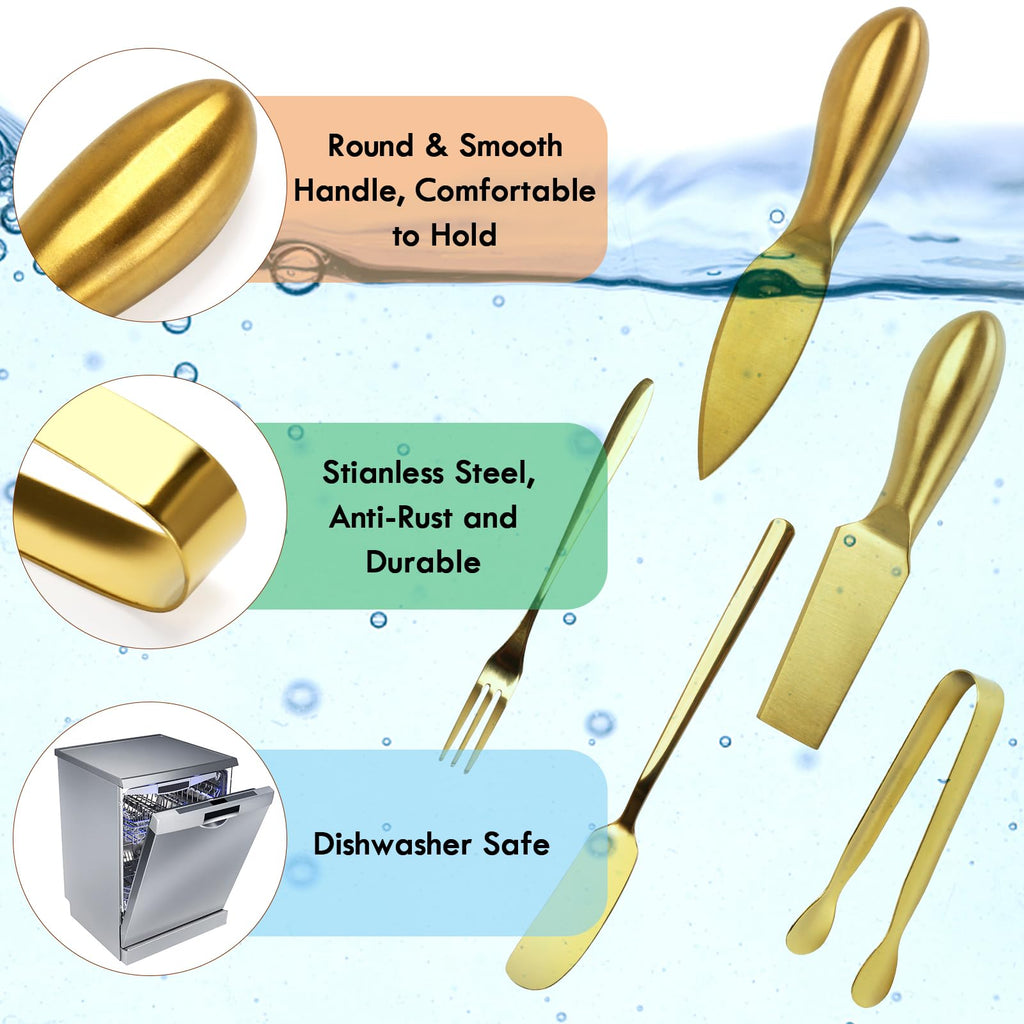 YECERCAN 18 pieces Charcuterie Board Accessories, Gold Stainless Steel Cheese Knives, Butter Knife Spreader, Appetizer Forks, Mini Serving Tongs Spoons for Gathering Wedding Birthday...