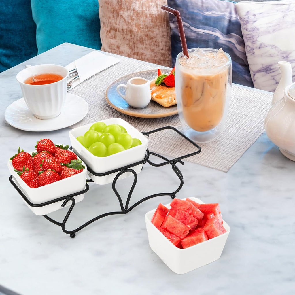 Eorbow 10 OZ Square Bowl Chip & Dip Serving Set, 3 Pieces Ceramic Condiment Server with Metal Stand, Serving Dish Tray for Party Entertaining, Small Snack Platters for Side Dish Appetizer Nuts