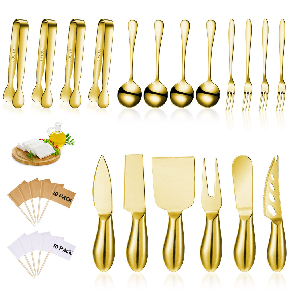Patelai Charcuterie Board Accessories Cheese Spreader Knife Set Charcuterie Utensils Butter Knife Stainless Steel Mini Serving Tongs Spoons Appetizer Forks for Pastry(Golden,18 Pieces)