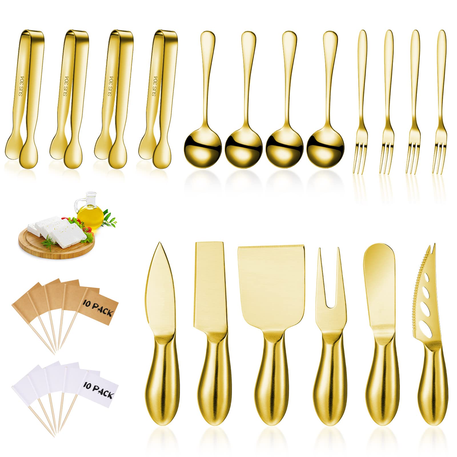 Patelai Charcuterie Board Accessories Cheese Spreader Knife Set Charcuterie Utensils Butter Knife Stainless Steel Mini Serving Tongs Spoons Appetizer Forks for Pastry(Golden,18 Pieces)