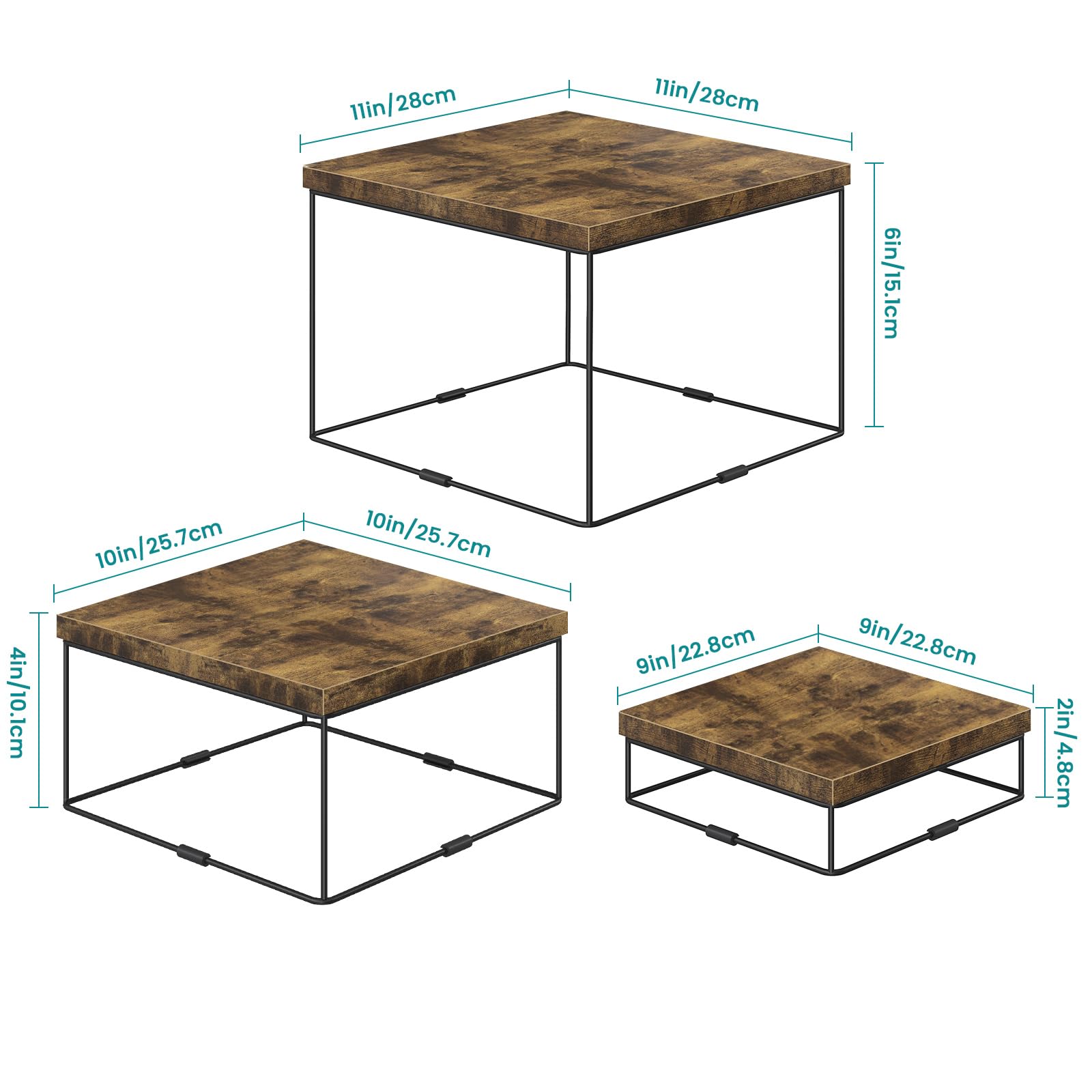 ELITEROO Buffet Risers, 3 Pack Wooden Risers Display Stands, Square Food Risers for Buffet Table, Tiered Dessert Display Stands, Food Stands for Display Party, Rustic Brown, 9"x10"x11"