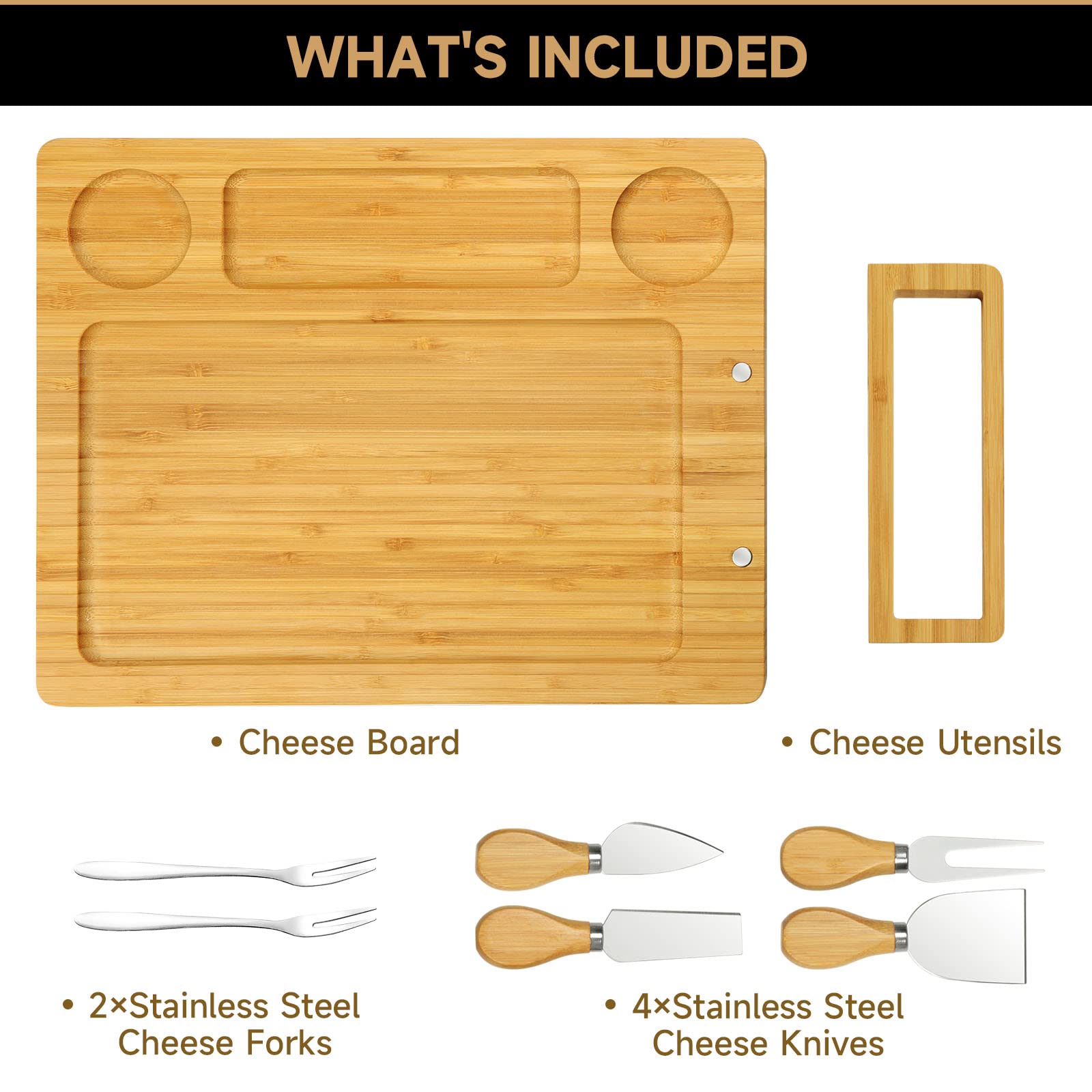 Bamboo charcuterie boards Gift Set - Serving Meat Cheese Board, Charcuterie Board Set with 4 Stainless Steel Cheese Knife, Ideal for House Warming Gifts New Home, Christmas, Bridal Shower Gift