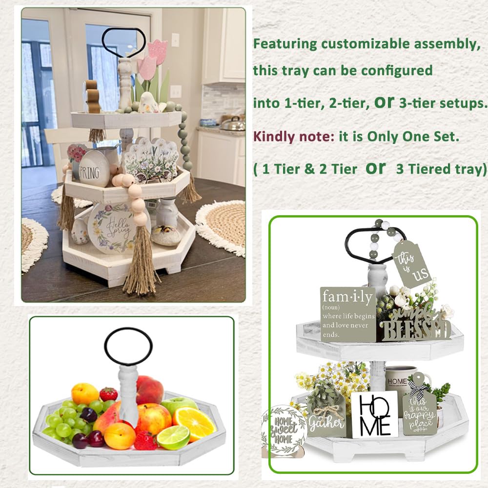 3 Tiered Tray Stand White Tier Serving Tray, Three Decorative Trays, Wooden Cupcake Stand 3 Tiered Farmhouse Tray for Home Decor(L 13.8” W 12.5” H 21.8”)