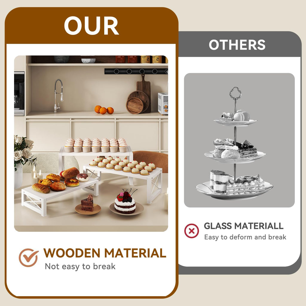IBUYKE Cupcake Display Stand, Set of 3,Large Wood Risers Display Stands,Dessert Stand for Party,Tiered Serving Stand for Decor, Doll,Food,Perfume,White UTLJ019W