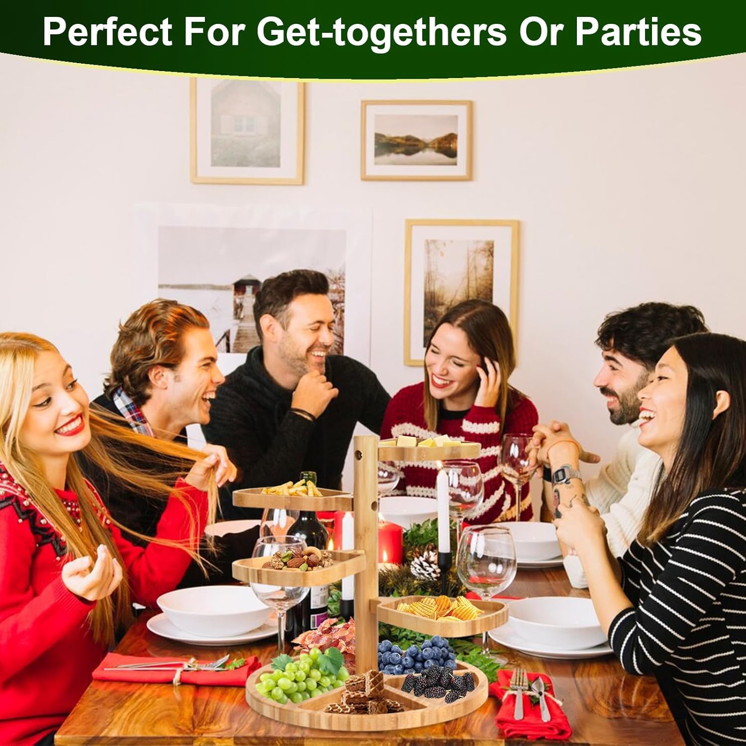 Natree Tiered Charcuterie Boards, 360° Rotating Cheese Board, Bamboo Cheese Platter Easy to Assemble and Clean, Ideal Gift for Halloween, Christmas, Thanksgiving, Wedding, Housewarming and Party