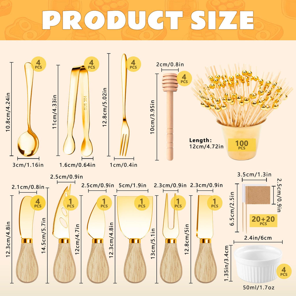 Charcuterie Boards Accessories Gold Charcuterie Utensils 169Pcs Cheese Spreader Knife Set Small Serving Tongs Forks and Spoons Dipping Bowls Honey Dipper Toothpick Flags Cocktail Picks