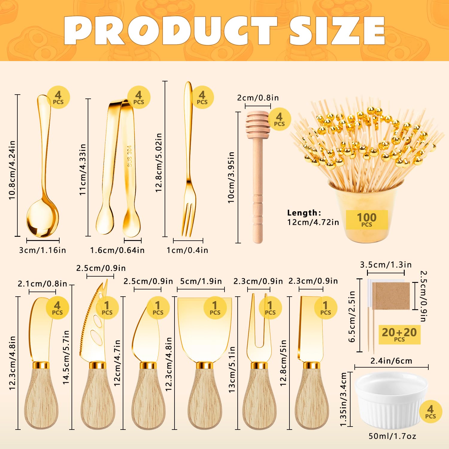 Charcuterie Boards Accessories Gold Charcuterie Utensils 169Pcs Cheese Spreader Knife Set Small Serving Tongs Forks and Spoons Dipping Bowls Honey Dipper Toothpick Flags Cocktail Picks