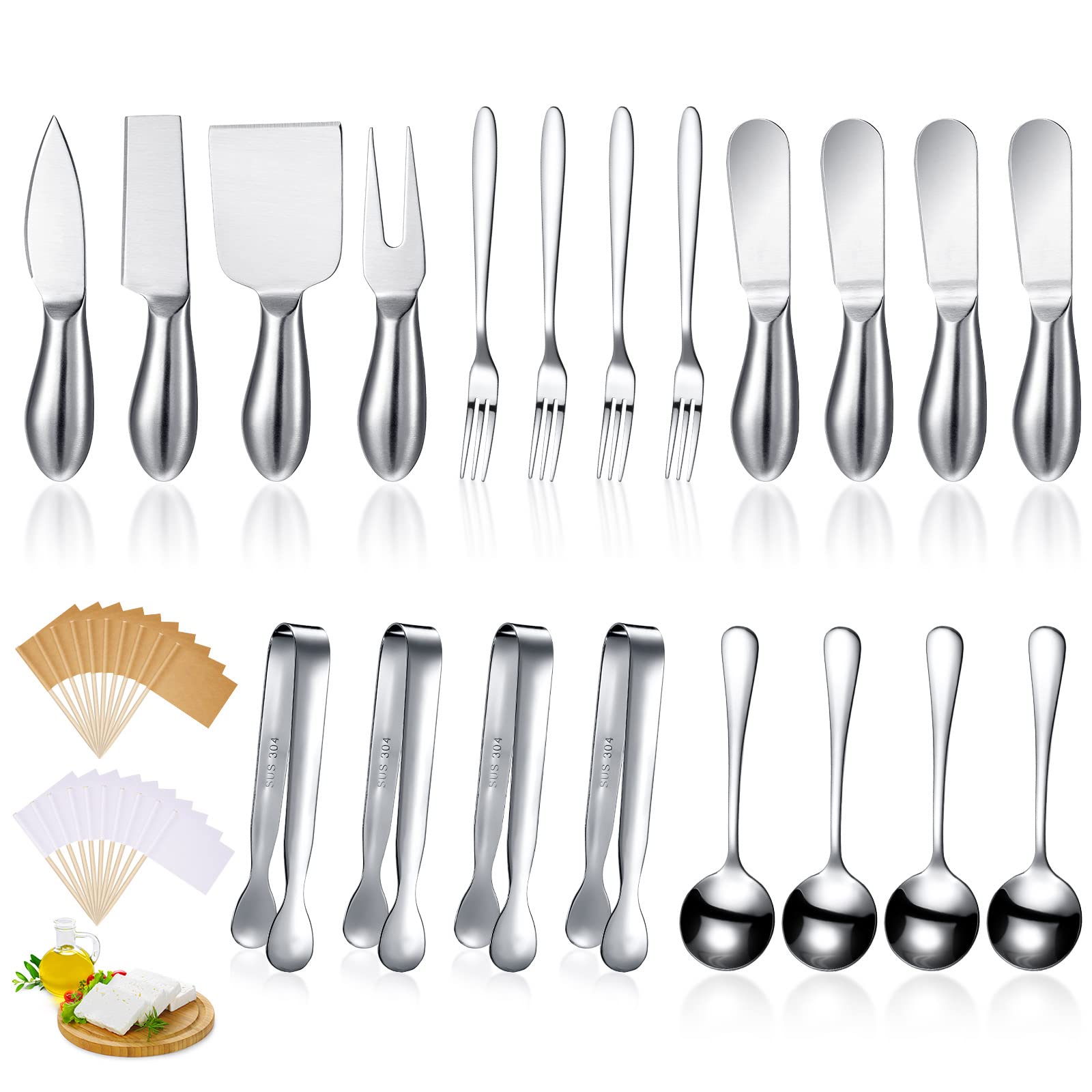 Patelai Charcuterie Board Accessories Cheese Spreader Knife Set Charcuterie Utensils Butter Knife Stainless Steel Mini Serving Tongs Spoons Appetizer Forks for Pastry(Silver,20 Pieces)